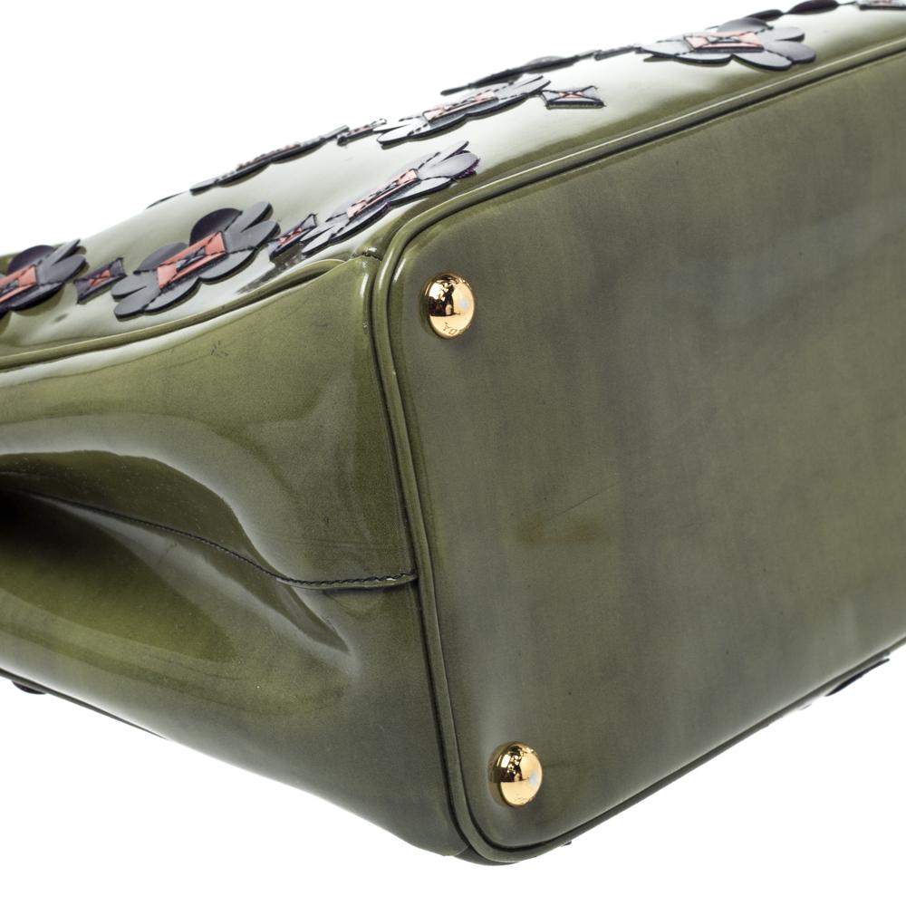Prada Military Green Fiori Patent Leather Medium Double Zip Tote In Good Condition In Dubai, Al Qouz 2