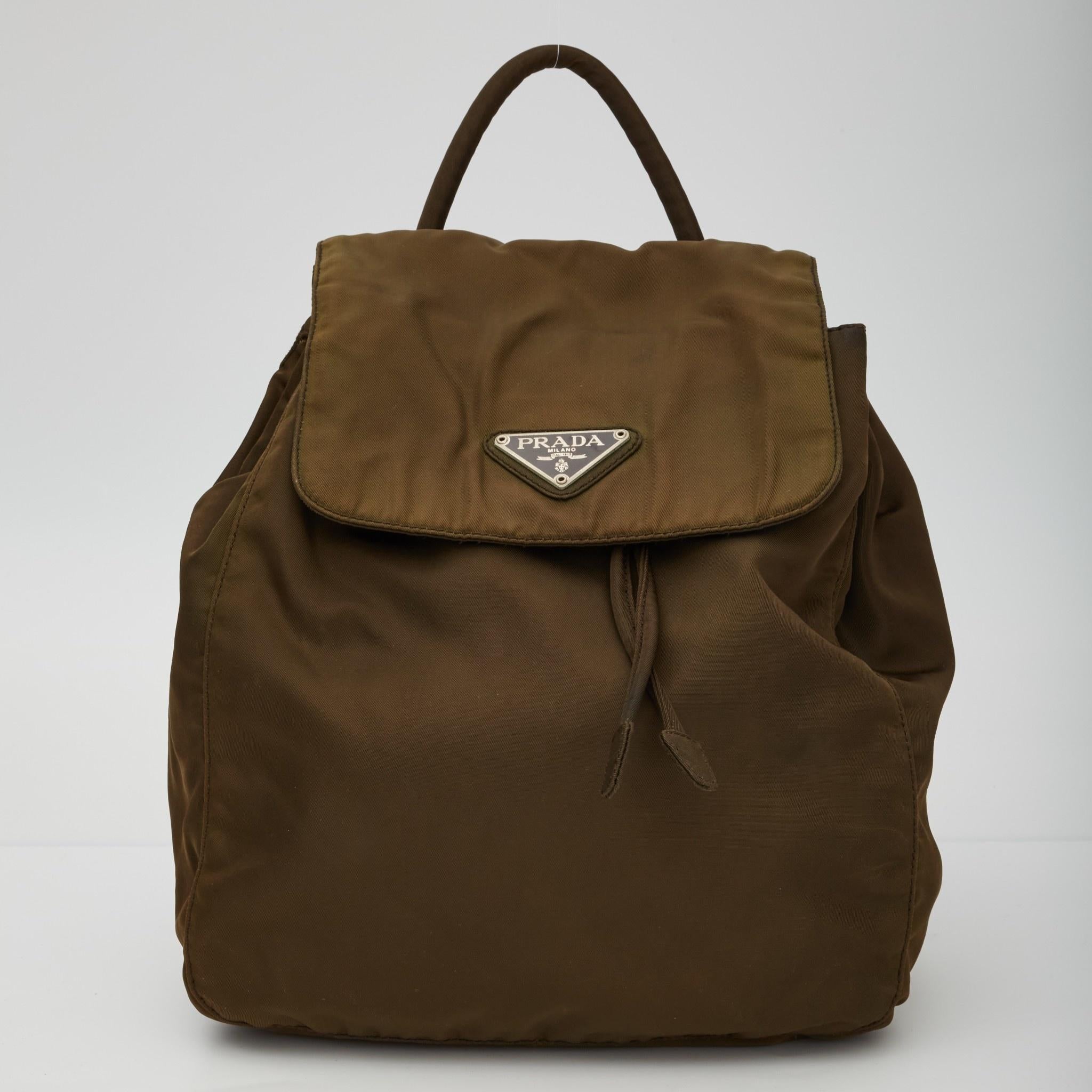 Black Prada Military Green Nylon City Backpack For Sale