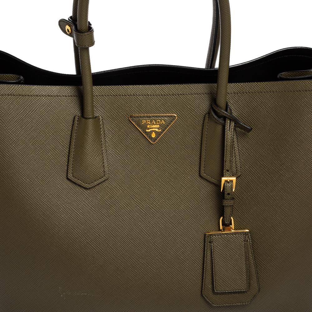 Black Prada Military Green Saffiano Cuir Leather Large Double Handle Tote