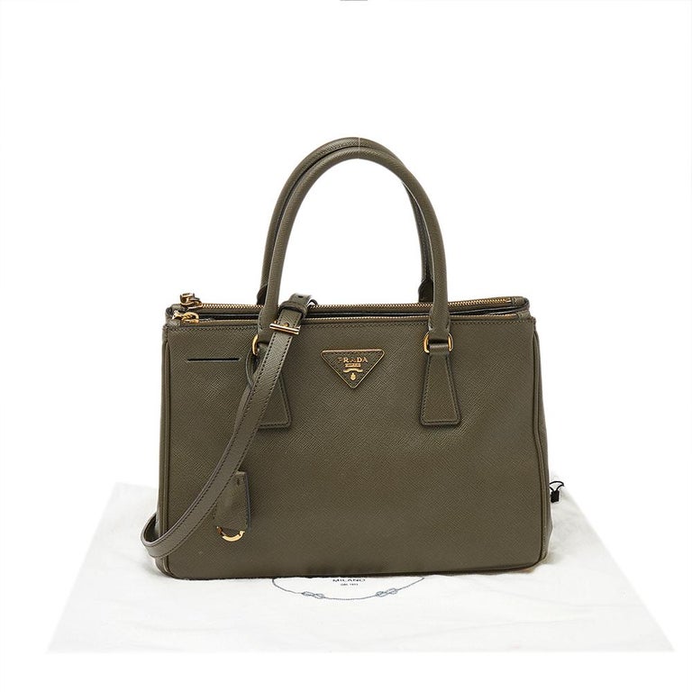 PRADA double bag in khaki green Saffiano leather - VALOIS VINTAGE PARIS