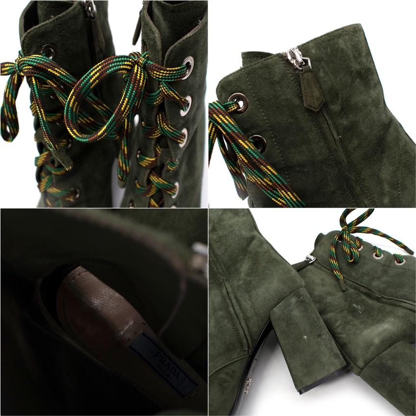 Prada Military Green Suede Lace-Up Ankle Boots In Excellent Condition For Sale In London, GB