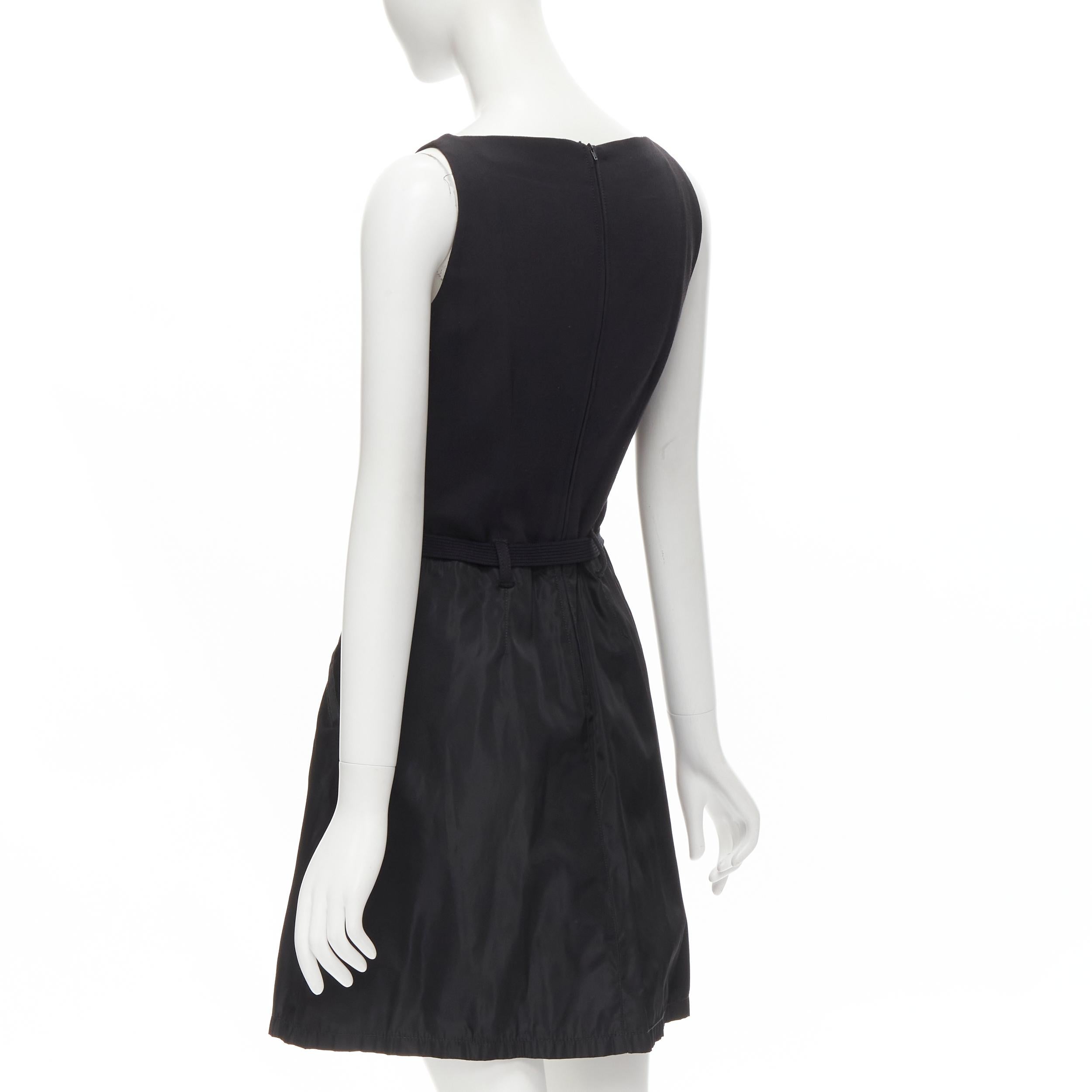 Black PRADA minimal black metal buckle belted nylon A-line skirt dress S