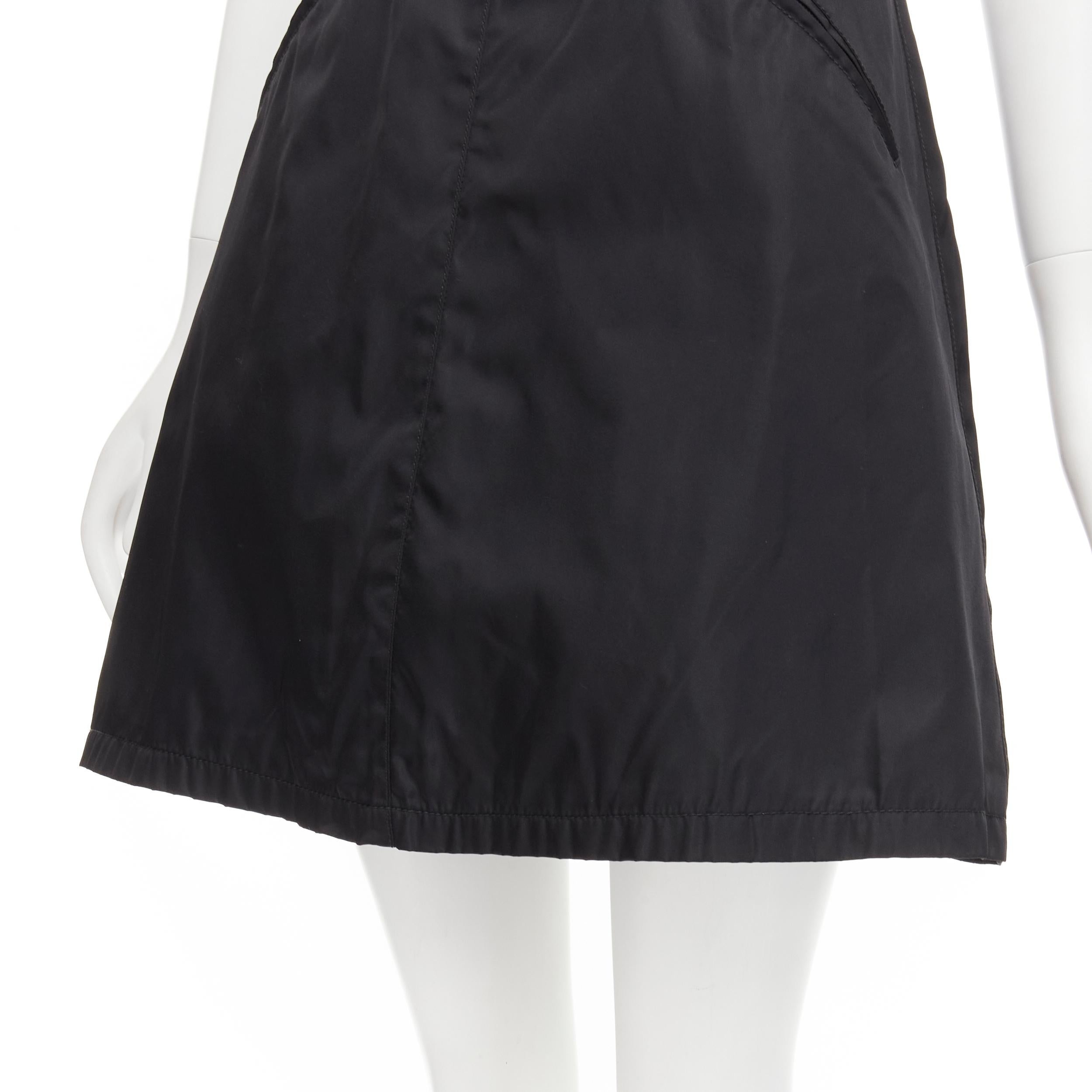 Women's PRADA minimal black metal buckle belted nylon A-line skirt dress S