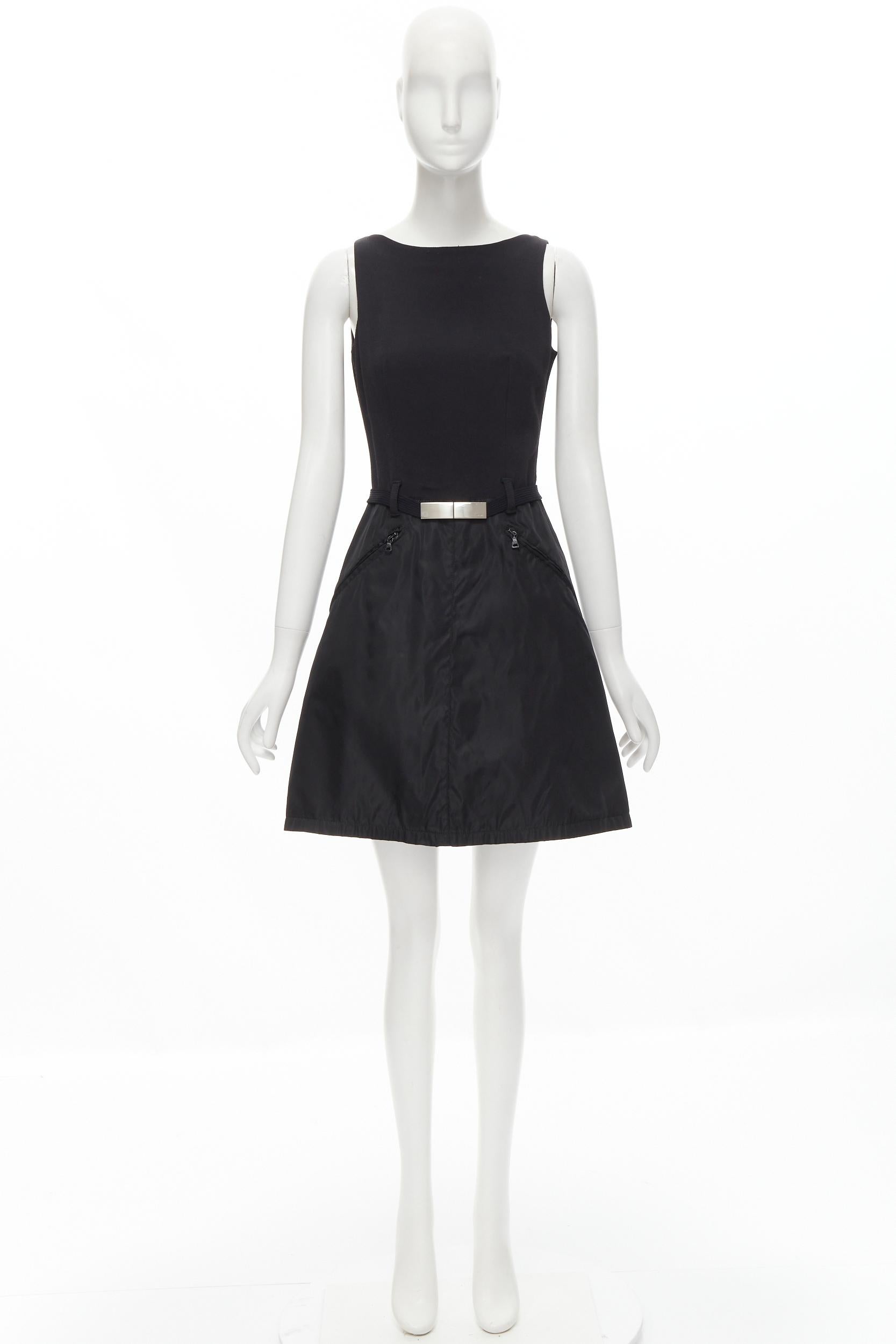 PRADA minimal black metal buckle belted nylon A-line skirt dress S 1