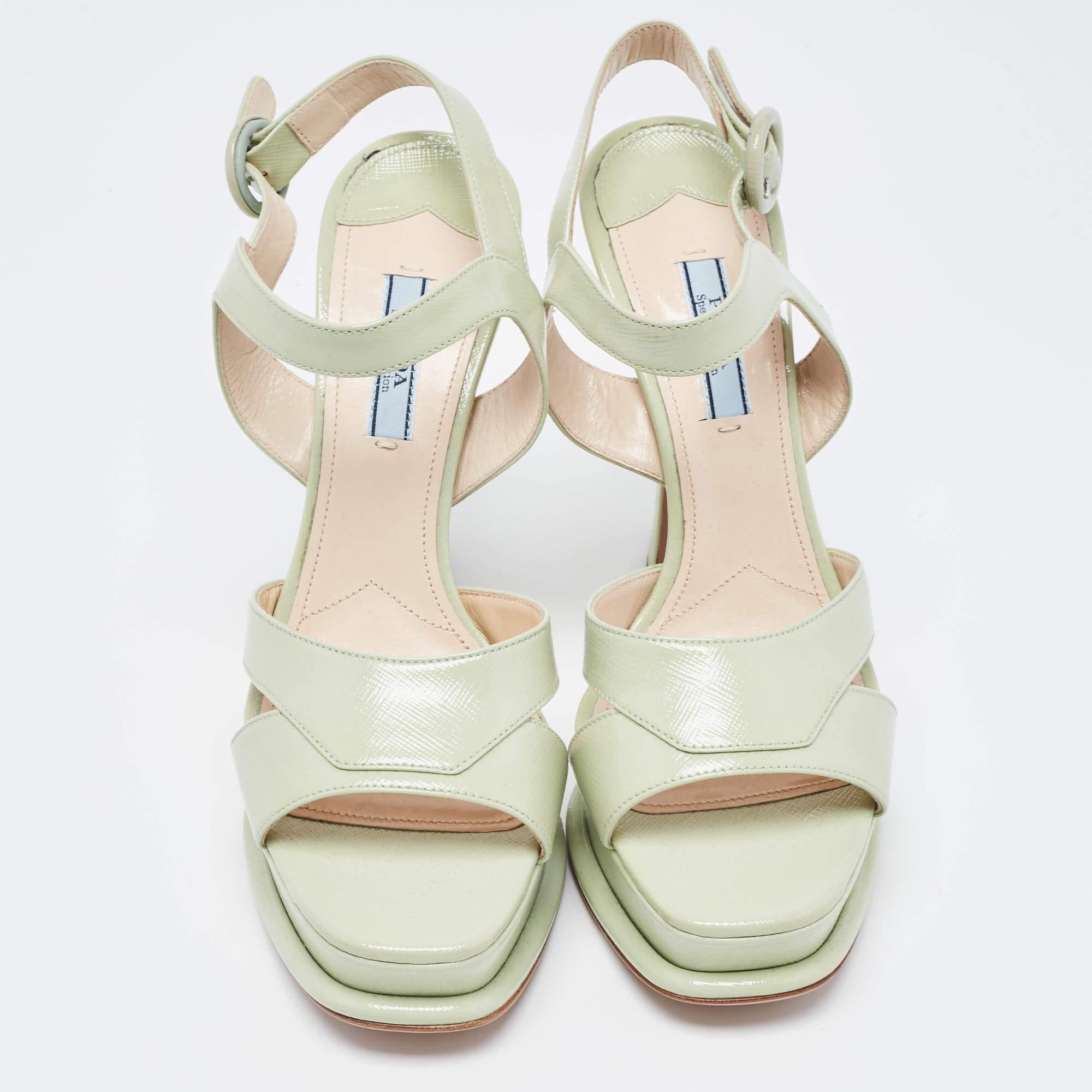 Beige Prada Mint Green Saffiano Leather Platform Ankle Strap Sandals Size 39