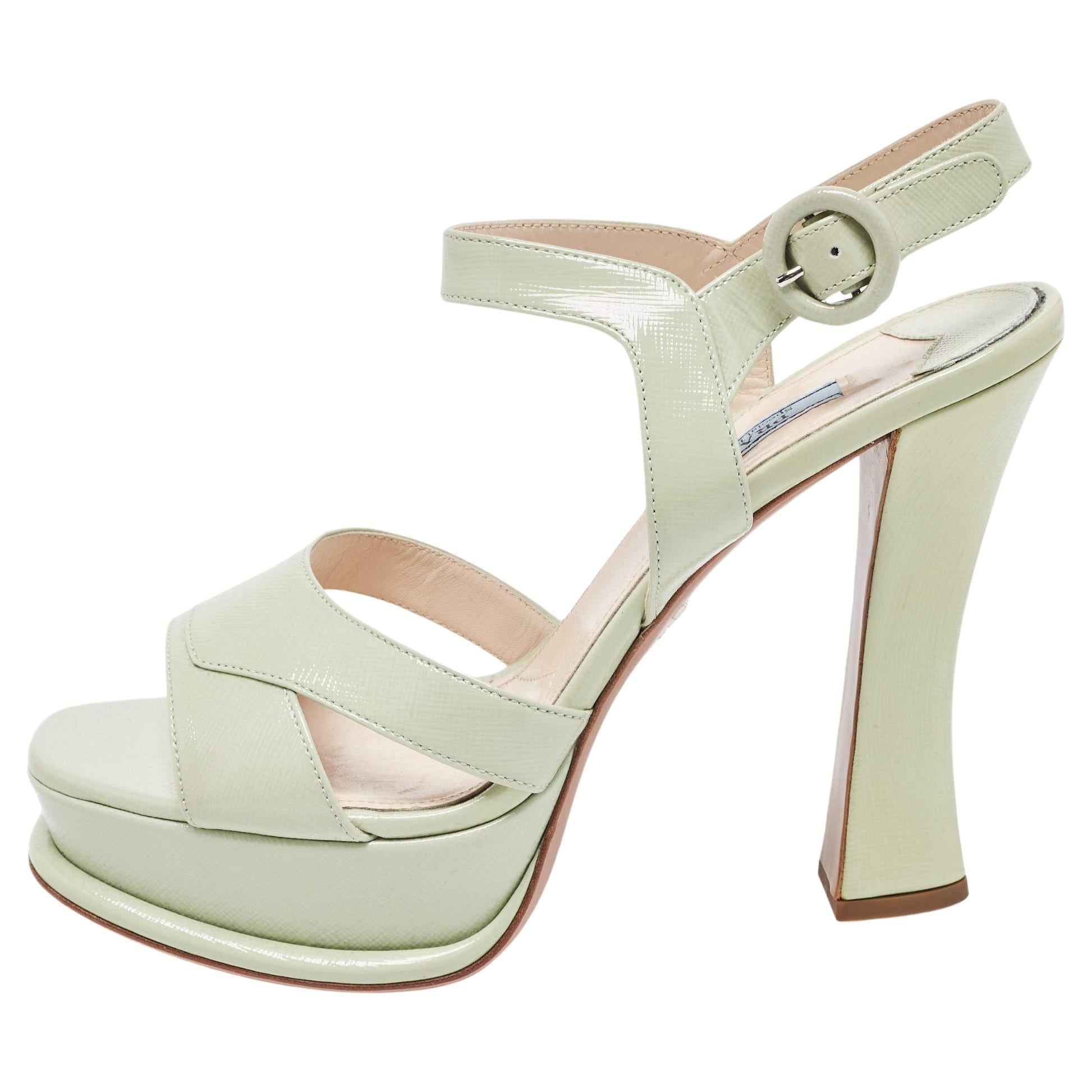 Prada Mint Green Saffiano Leather Platform Ankle Strap Sandals Size 39