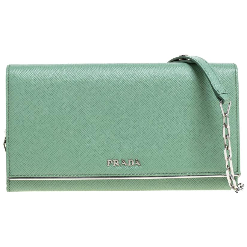 Prada Mint Green Saffiano Leather Wallet On Chain