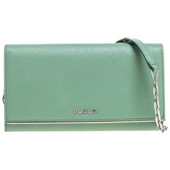 Prada Mint Green Saffiano Leather Wallet On Chain