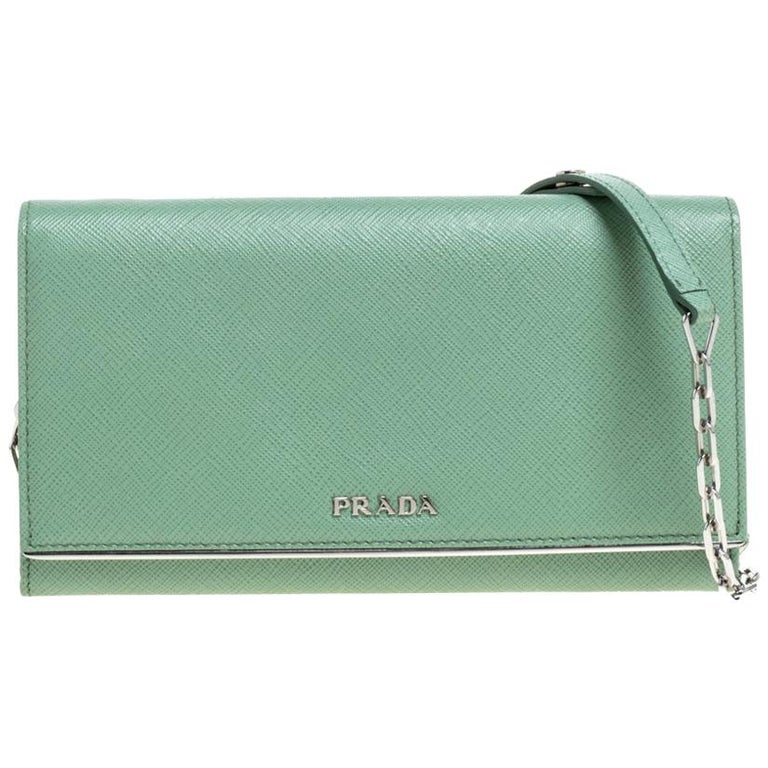 Prada Mint Green Saffiano Leather Wallet On Chain at 1stDibs