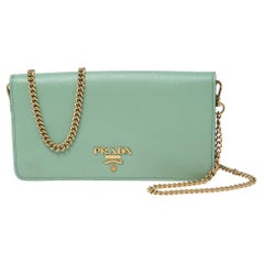 Prada Mint Green Saffiano Lux Leather Logo Flap Wallet on Chain