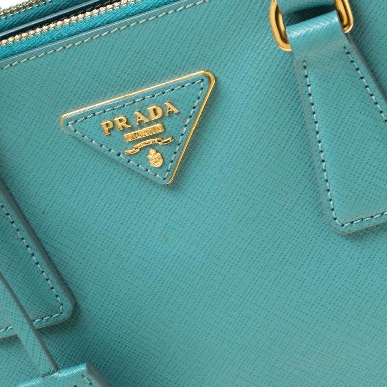 Prada Mint Green Saffiano Lux Leather Mini Double Zip Tote For Sale at