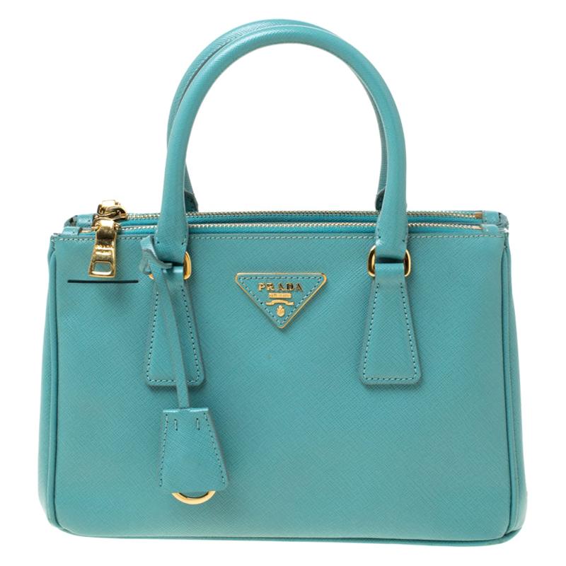 Prada Mint Green Saffiano Lux Leather Mini Double Zip Tote