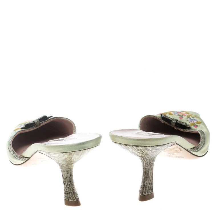 Prada Mint Green Satin Embroidered and Lizard Heel Mules Size 38 For