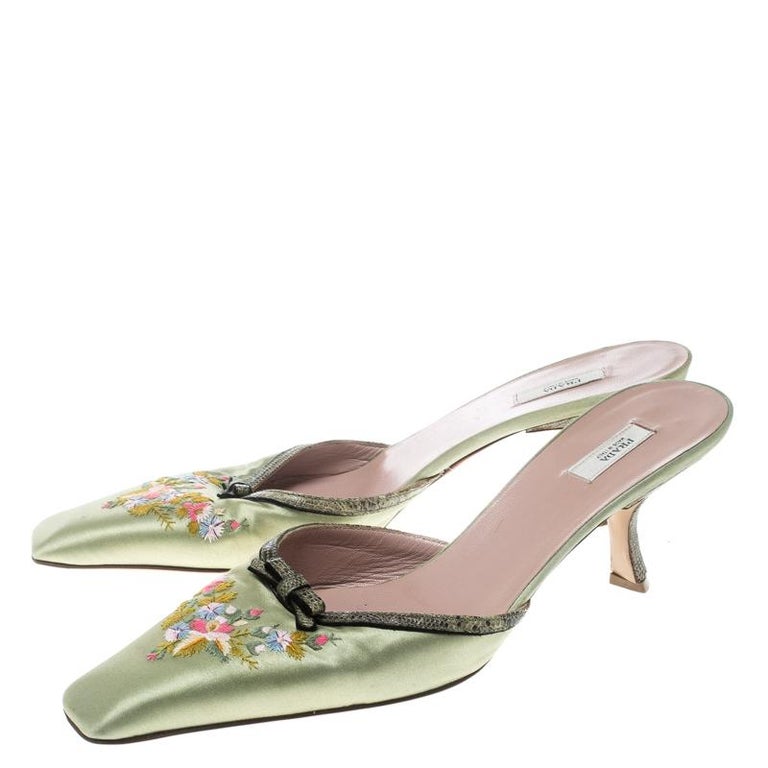 Prada Mint Green Satin Embroidered and Lizard Heel Mules Size 38 For ...