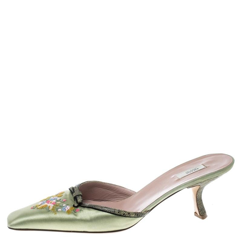 Women's Prada Mint Green Satin Embroidered and Lizard Heel Mules Size 38