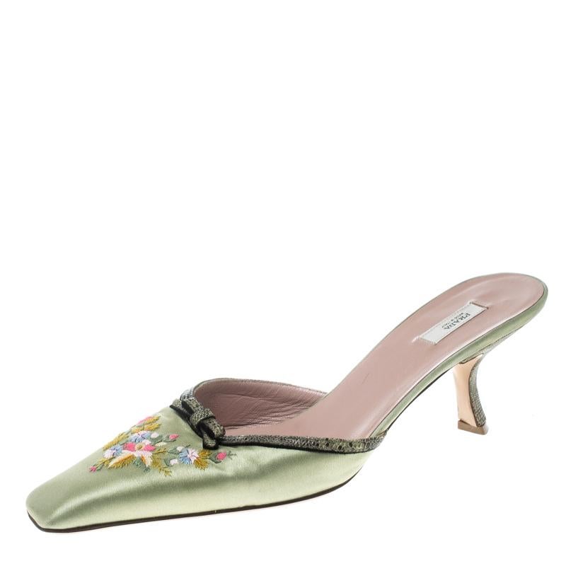 Prada Mint Green Satin Embroidered and Lizard Heel Mules Size 38