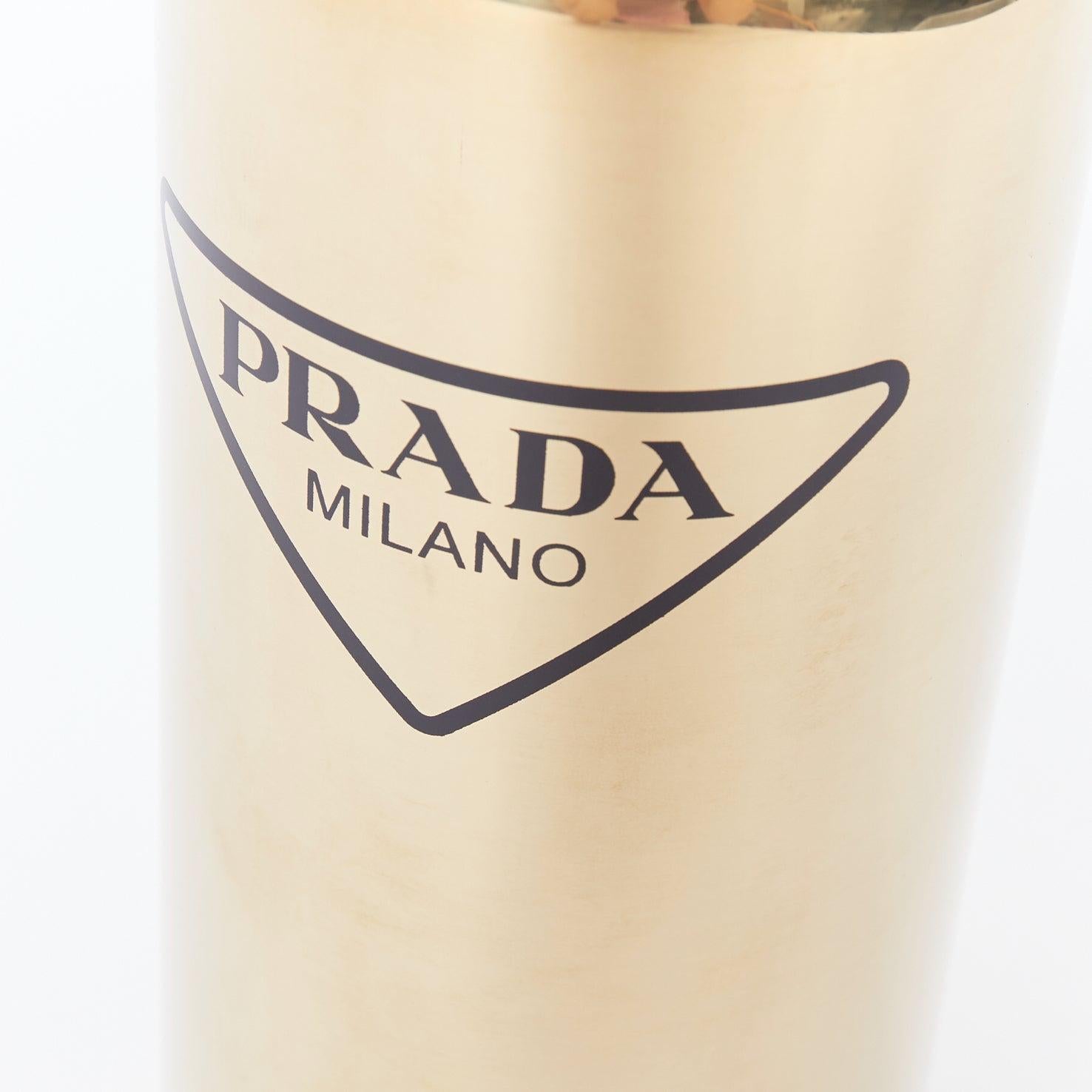 Beige PRADA mirrored gold stainless steel black logo water bottle For Sale