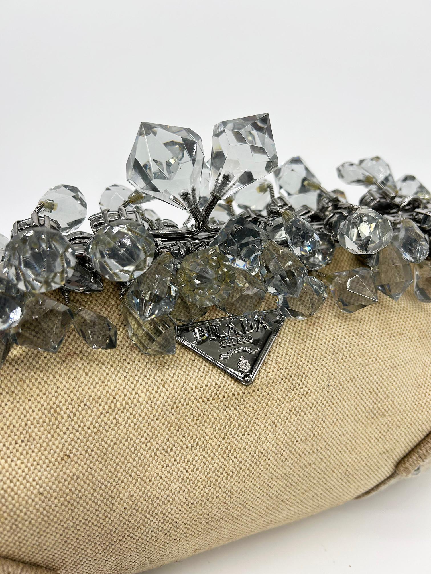 Prada Mistolino Natural Canvas Crystal Beaded Top Pochette For Sale 7