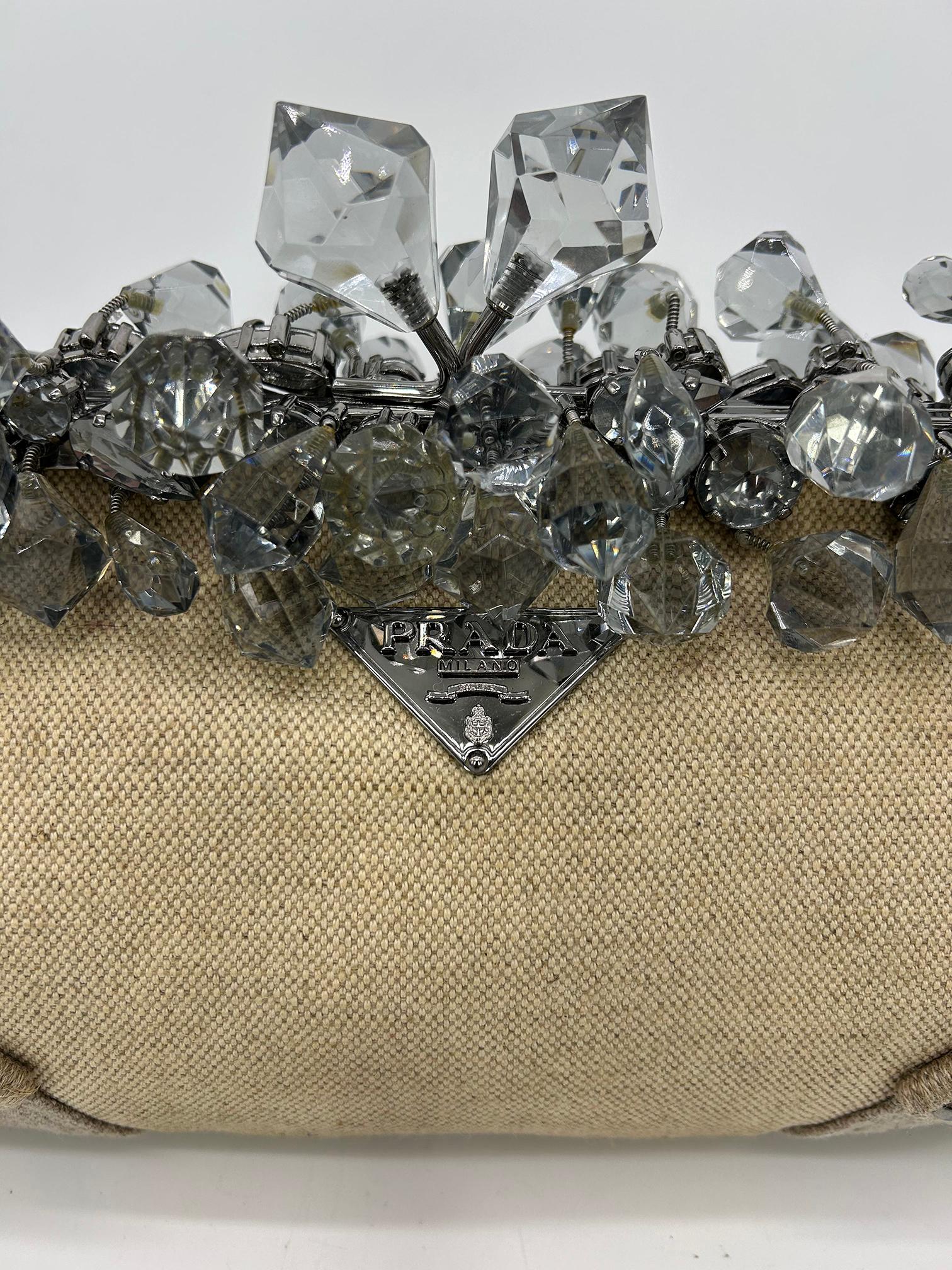 Pochette Prada Mistolino toile naturelle perlée de cristal en vente 1