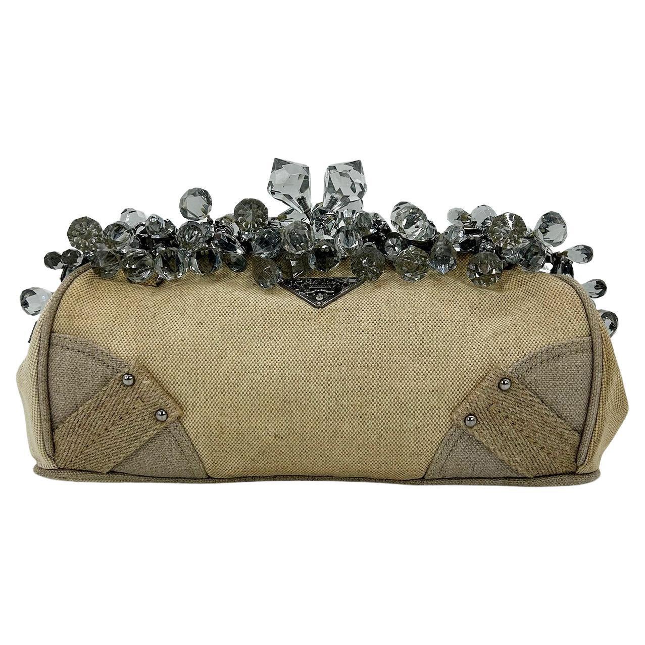 Prada Mistolino Natural Canvas Crystal Beaded Top Pochette For Sale