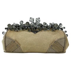 Prada Mistolino Natural Canvas Crystal Beaded Top Pochette
