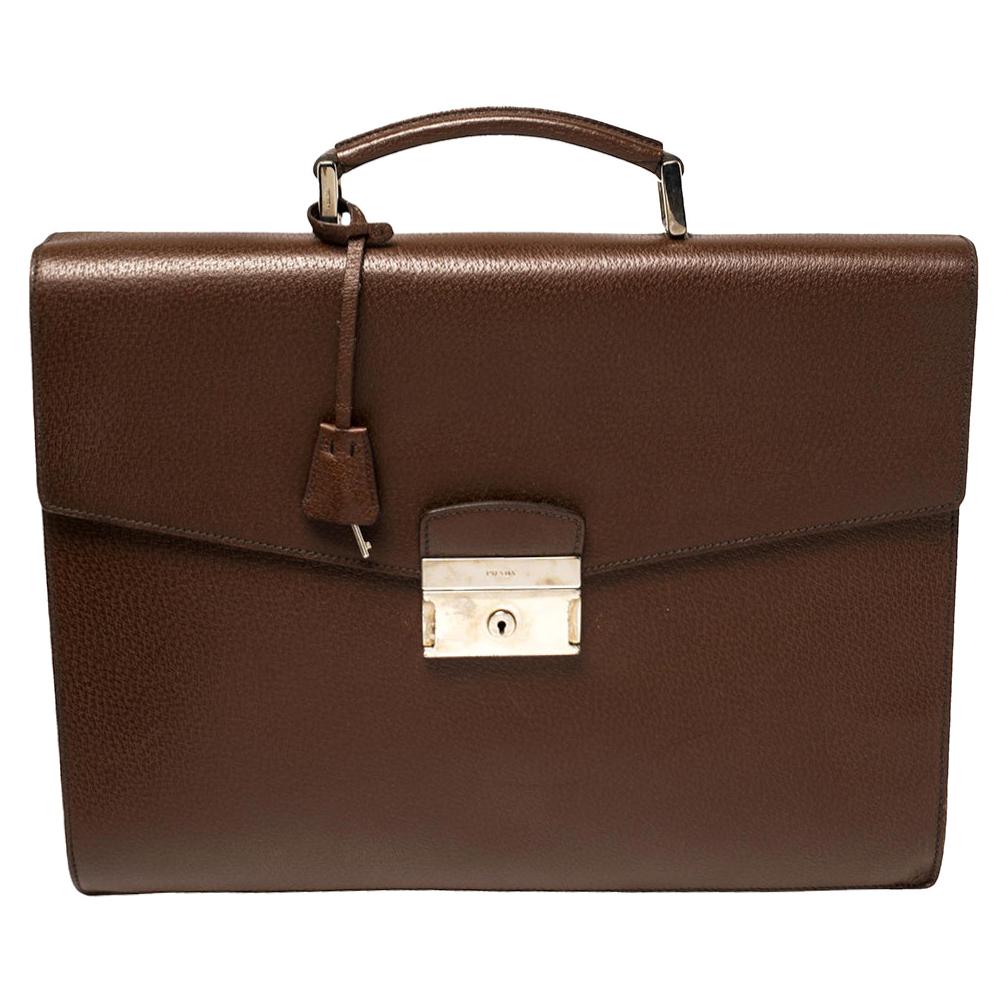 Prada Mocha Brown Leather Work Briefcase
