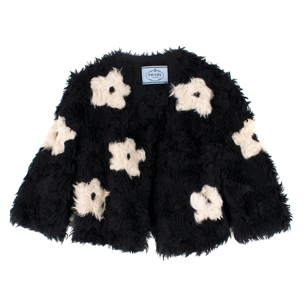 Black Prada Mohair Blend Faux Fur Jacket with Daisy Print S 42