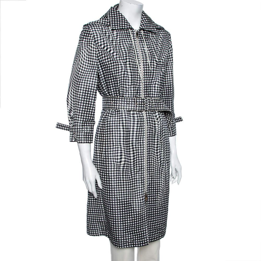 Gray  Prada Monochrome Checkered Silk Zip Front Belted Coat M For Sale