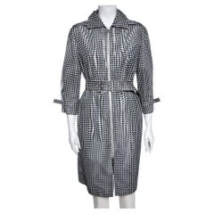  Prada Monochrome Checkered Silk Zip Front Belted Coat M