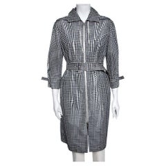 Prada Monochrome Checkered Silk Zip Front Belted Coat M