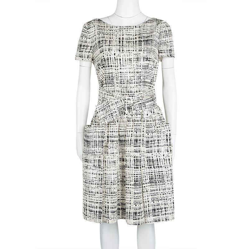 Gray Prada Monochrome Printed Silk Short Sleeve Pocket Detail Belted Dress M
