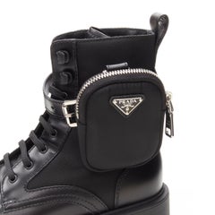 PRADA Monolith black nylon leather triangle logo ankle pouch combat boot EU36.5