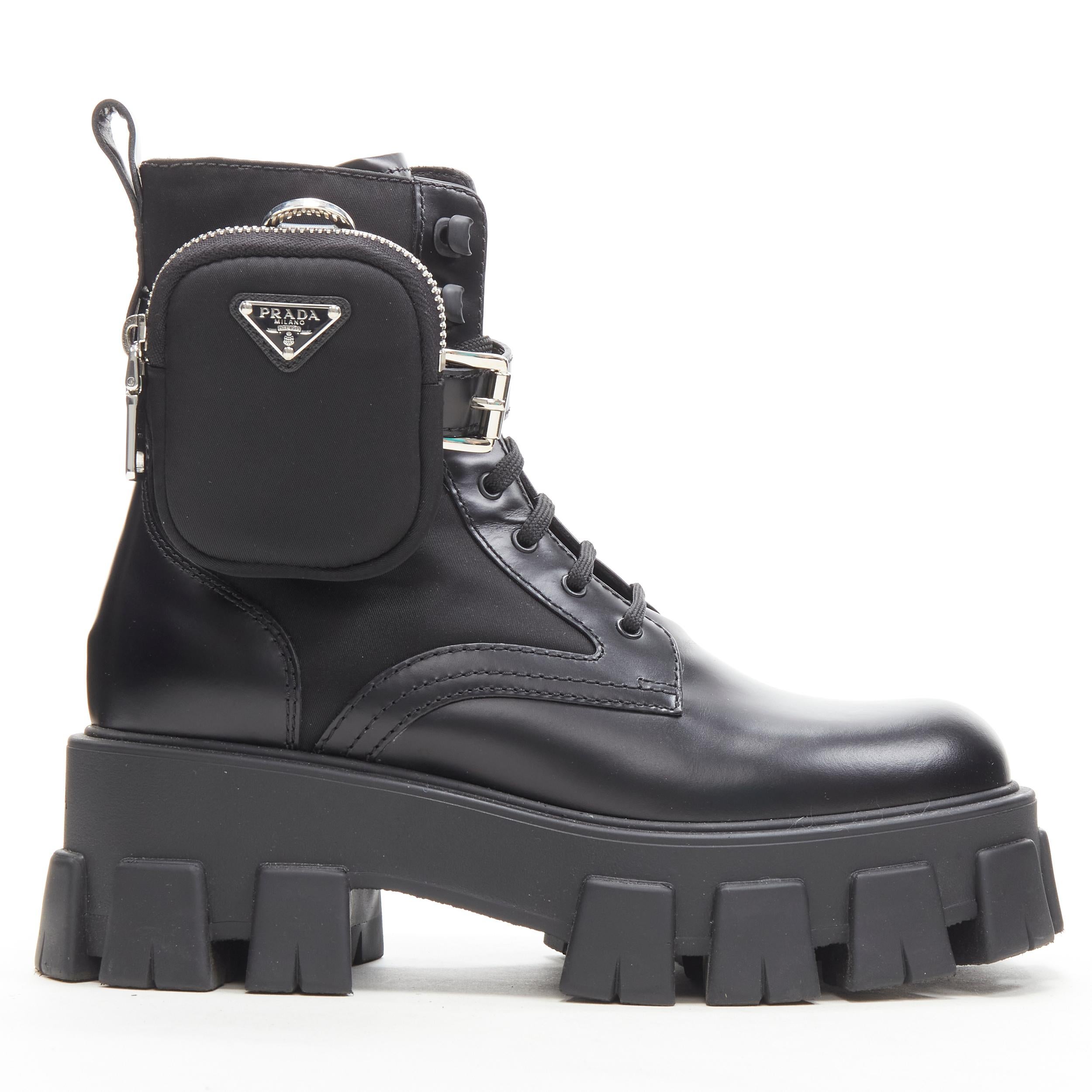 PRADA Monolith black nylon leather triangle logo ankle pouch combat boot EU36.5
