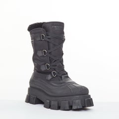 PRADA Monolith black nylon shearling winter boots black platform lug UK8 EU42