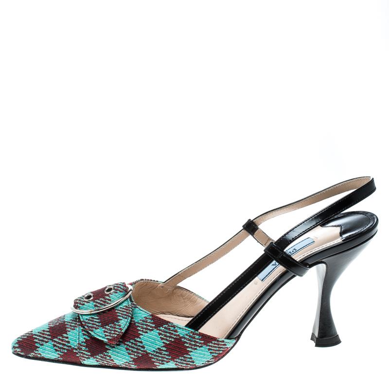 Women's Prada Multicolor Check Pattern Fabric and Leather Slingback Sandals Size 37.5