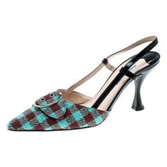 Prada Multicolor Check Pattern Fabric and Leather Slingback Sandals Size 37.5