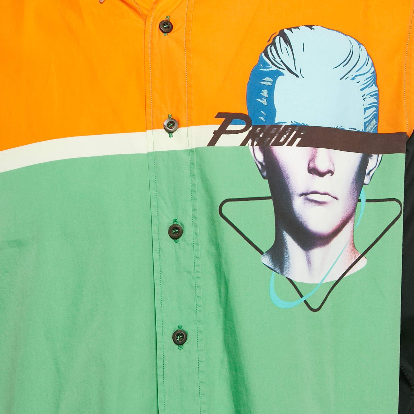 Green Prada Multicolor Colour-Blocked Face Print Cotton Shirt L For Sale