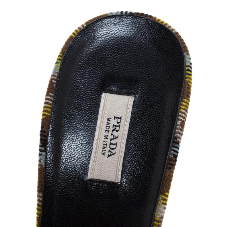Prada Multicolor Crystal Embellished Check Fabric Slide Sandals Size 37.5 In Excellent Condition In Dubai, Al Qouz 2