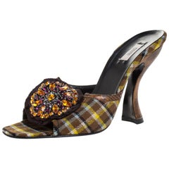 Prada Multicolor Crystal Embellished Check Fabric Slide Sandals Size 37.5