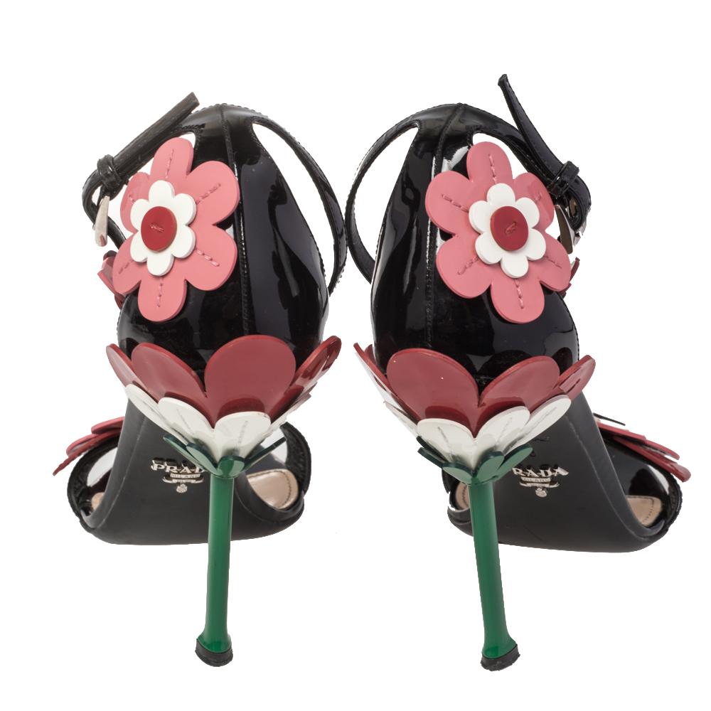 Brown Prada Multicolor Floral Appliqué Patent Leather Ankle Strap Sandals Size 38