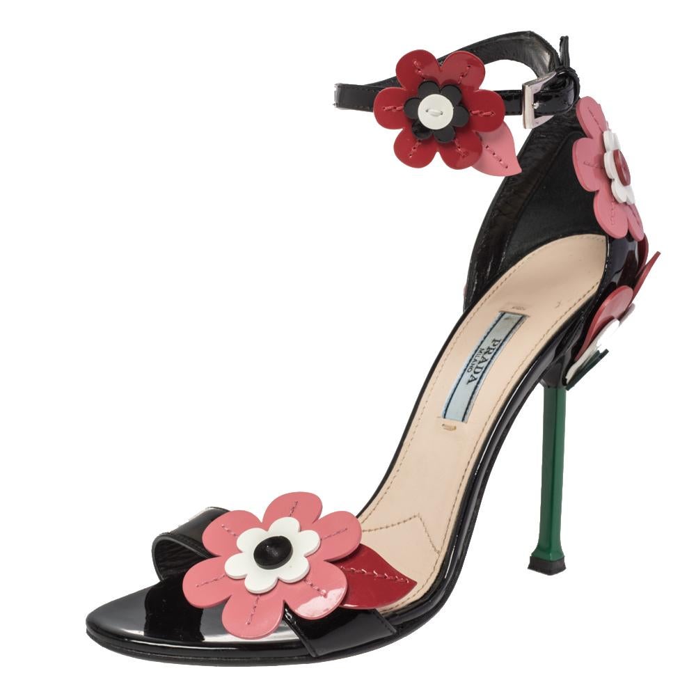 Women's Prada Multicolor Floral Appliqué Patent Leather Ankle Strap Sandals Size 38