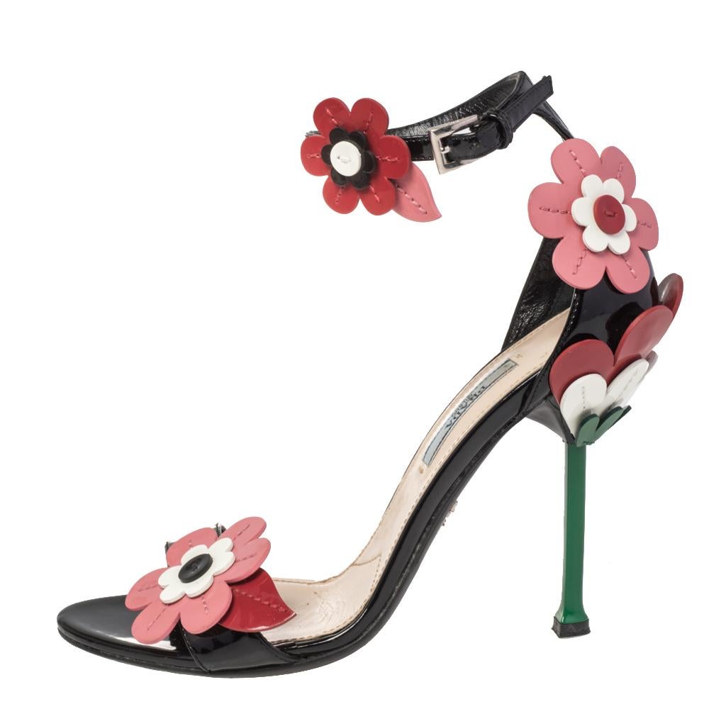 Prada Multicolor Floral Appliqu Patent Leather Ankle Strap Sandals Size 38