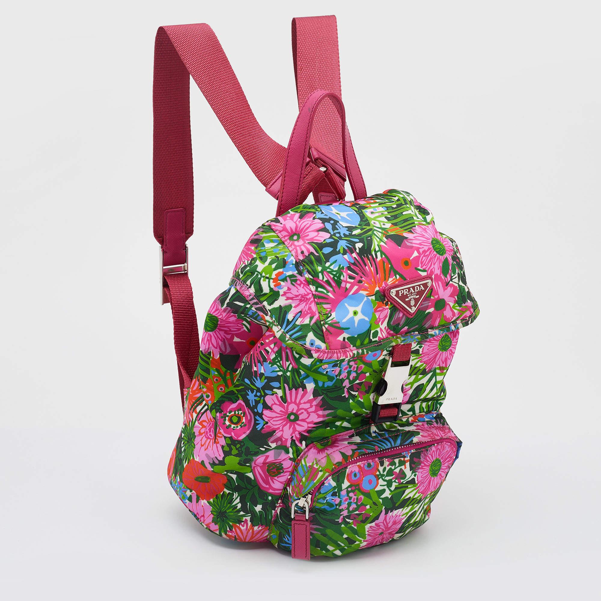 Prada Multicolor Floral Print Nylon Drawstring Backpack In Good Condition In Dubai, Al Qouz 2