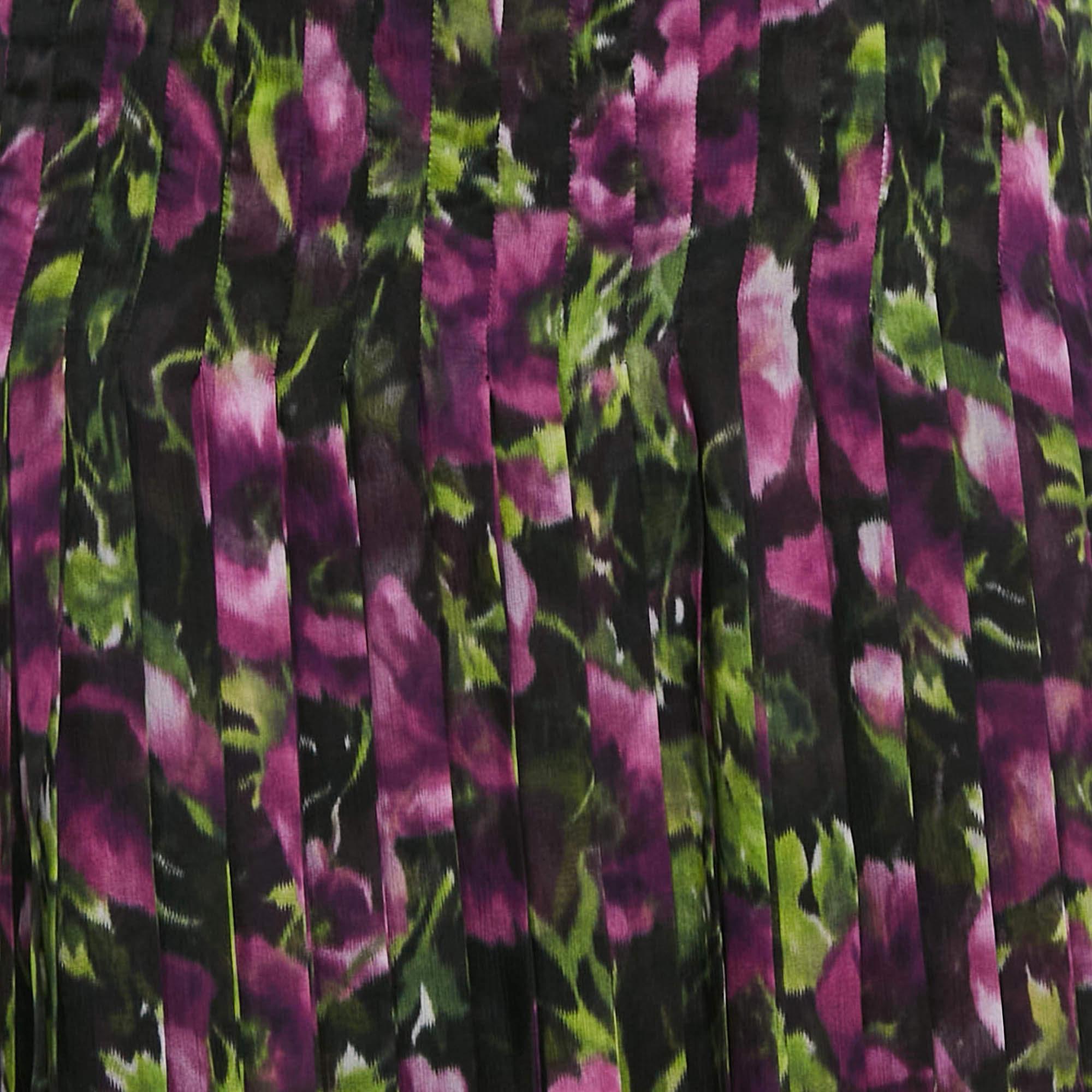 Black Prada Multicolor Floral Print Silk Pleated Midi Skirt L For Sale