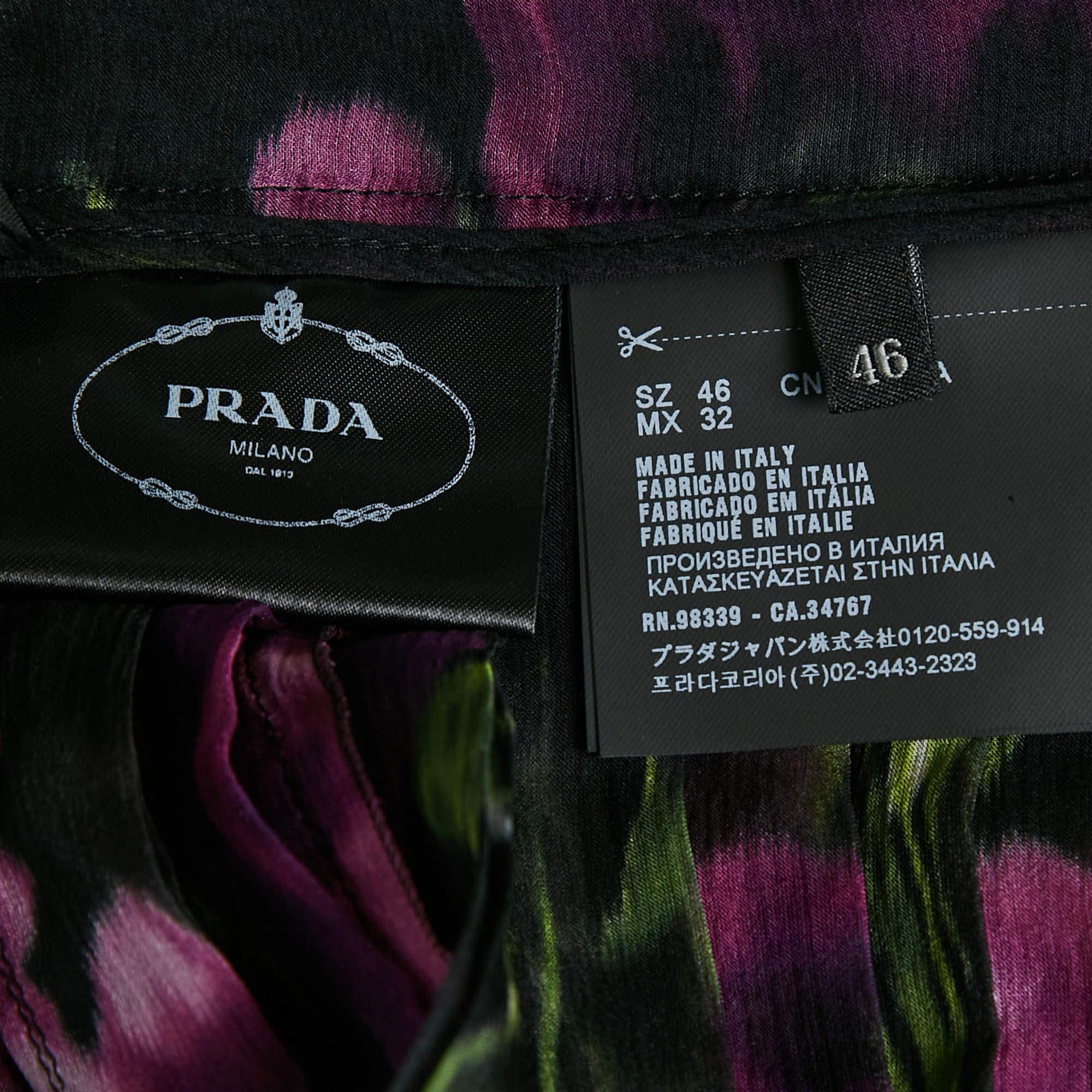 Prada Multicolor Floral Print Silk Pleated Midi Skirt L For Sale 1