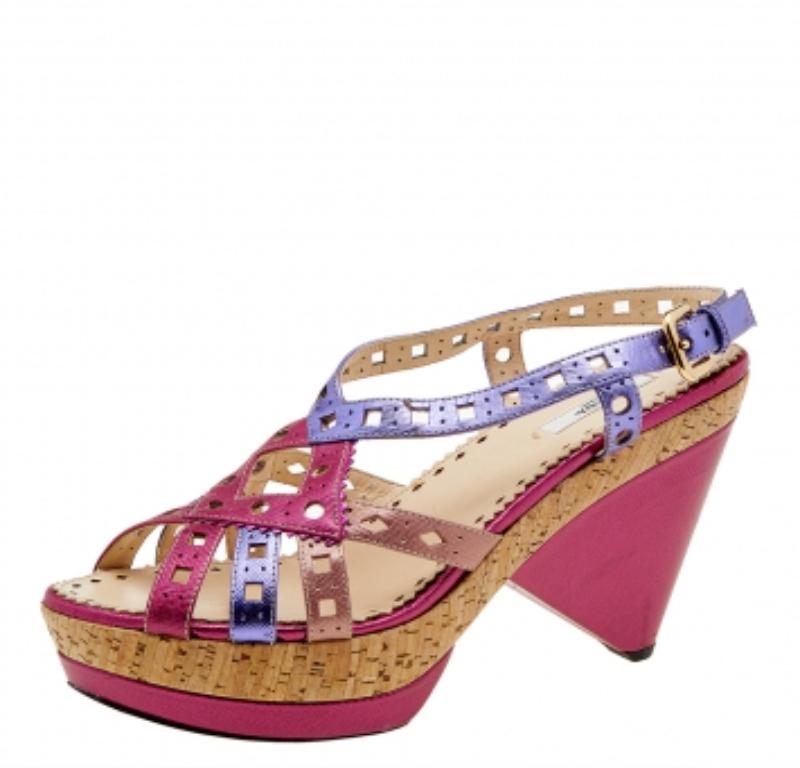 Prada Multicolor Leder Korkabsatz Plateau Slingback Sandalen Größe 41 (Braun)