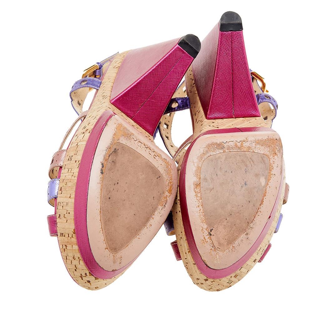 Women's Prada Multicolor Leather Cork Heel Platform Slingback Sandals Size 41 For Sale