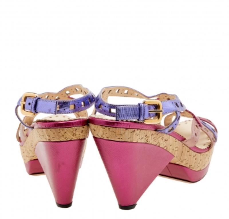 Prada Multicolor Leder Korkabsatz Plateau Slingback Sandalen Größe 41 2