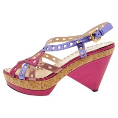 Prada Multicolor Leder Korkabsatz Plateau Slingback Sandalen Größe 41