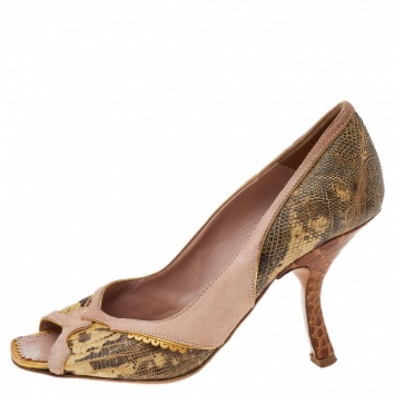 Prada escarpins à bout ouvert en cuir et daim lézard multicolore, taille 36,5 en vente